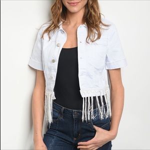 White Denim Cropped Jacket with Fringe